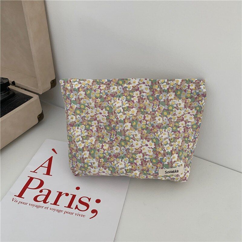 Floral Cosmetic Bag Cotton Fabric Make Up Storage Pouch Vintage Phone Clutch Bag