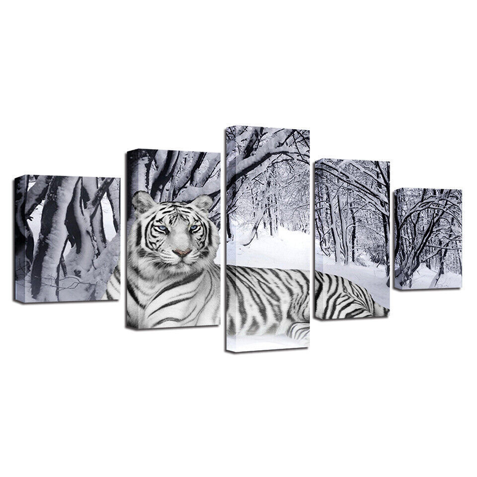 White Tiger In Snow Forest Canvas Prints Painting Wall Art Home Decor Picture 5P