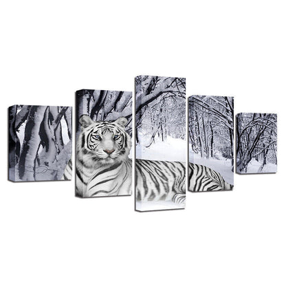 White Tiger In Snow Forest Canvas Prints Painting Wall Art Home Decor Picture 5P
