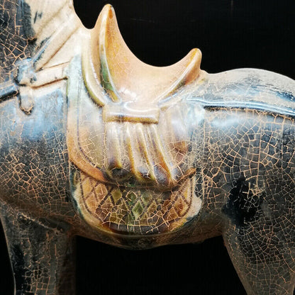 Chinese 8.2 Inch Tang Tri-Color Glazed Ceramics Black War Horse Porcelain Statue