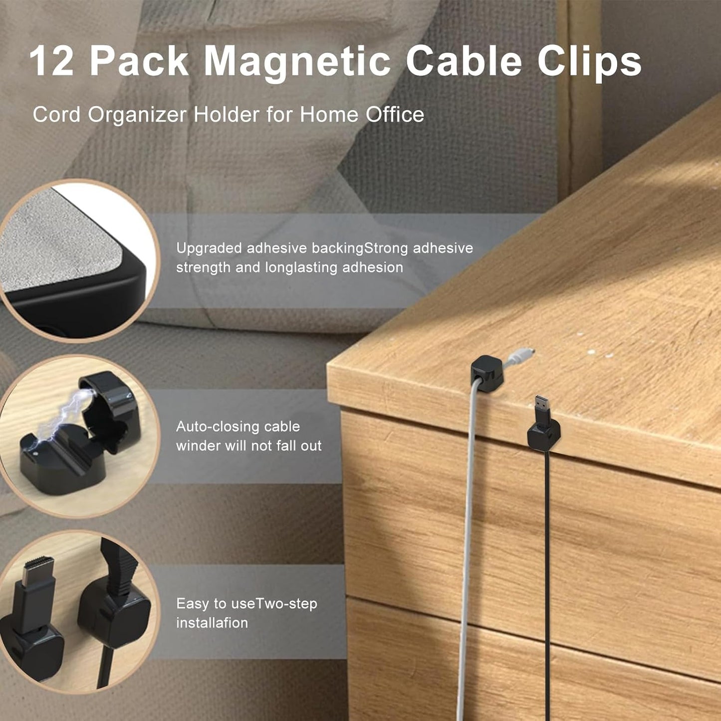 12Pcs Magnetic Cable Clips & Cord Holder, Under Desk Cable Management