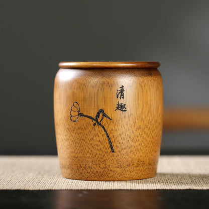 Bamboo Tea Canister 10.5cm Hand Carved Lotus Airtight Travel Caddy Jar