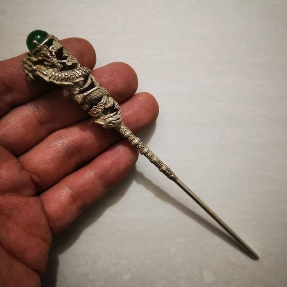 Antique Silver Plated Dragon Hairpin with Green Gemstone Chinese Hair Stick