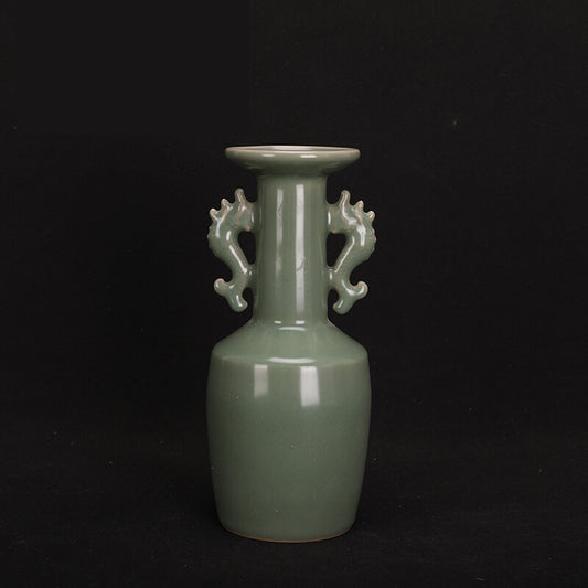 Chinese Song Dynasty Longquan Kiln Plum Green Celadon Double Dragon Vase