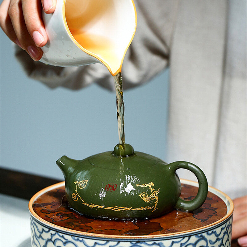Ball Shaped Infuser Holes Xishi Pot Real Yixing Zisha Green Clay Marked Tea Pot