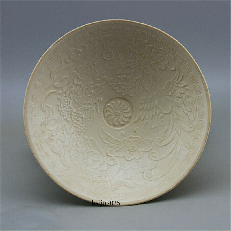 Chinese Antique Song Dynasty Ding Kiln White Glaze Porcelain Dragon Phoenix Bowl