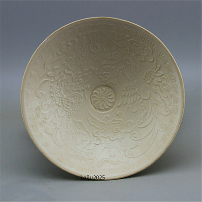 Chinese Antique Song Dynasty Ding Kiln White Glaze Porcelain Dragon Phoenix Bowl