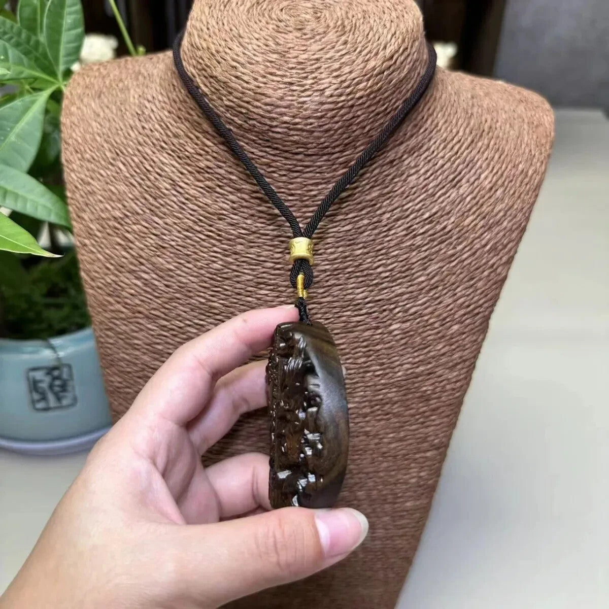 Natural Wood Carving Buddha Demon Pendant Men Woman Lucky Gift Sweater Necklace