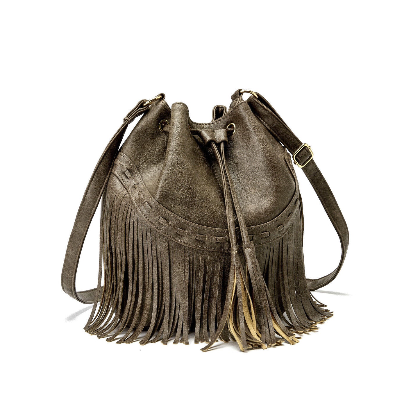 Women's Bag Casual Drawstring Tassel Bucket Bag PU Fringe Female Messenger Bag