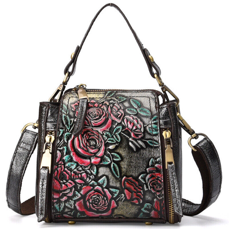 Genuine Leather Floral Embroidered Vintage Handbag Women's Tote Shoulder Bags