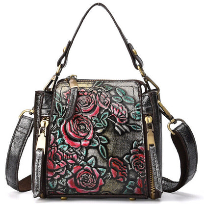 Genuine Leather Floral Embroidered Vintage Handbag Women's Tote Shoulder Bags