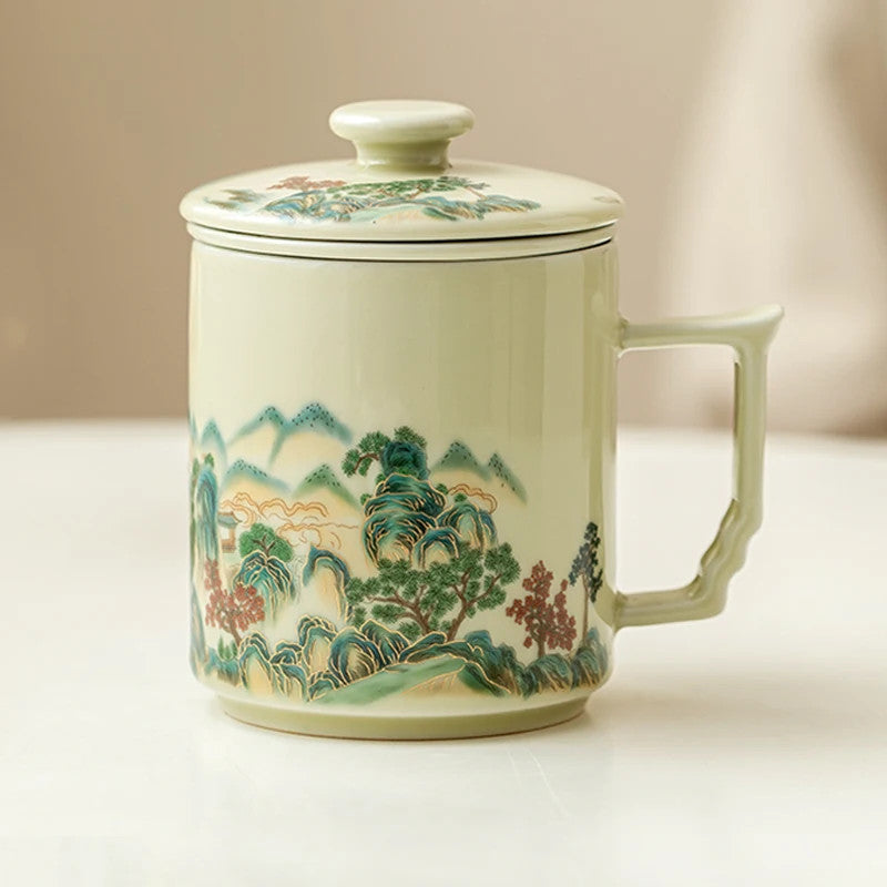 354ml Chinese Ceramic Yellow Glaze Landscape Tea Mugs Tea-water Separation Cups