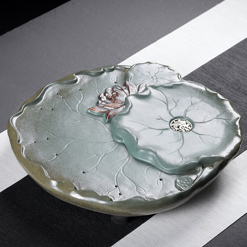 New Handmade Carved Lotus Reservoir Tea Tray Pottery Heavy Tea Table For Tea Set