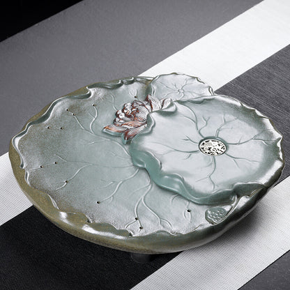 New Handmade Carved Lotus Reservoir Tea Tray Pottery Heavy Tea Table For Tea Set