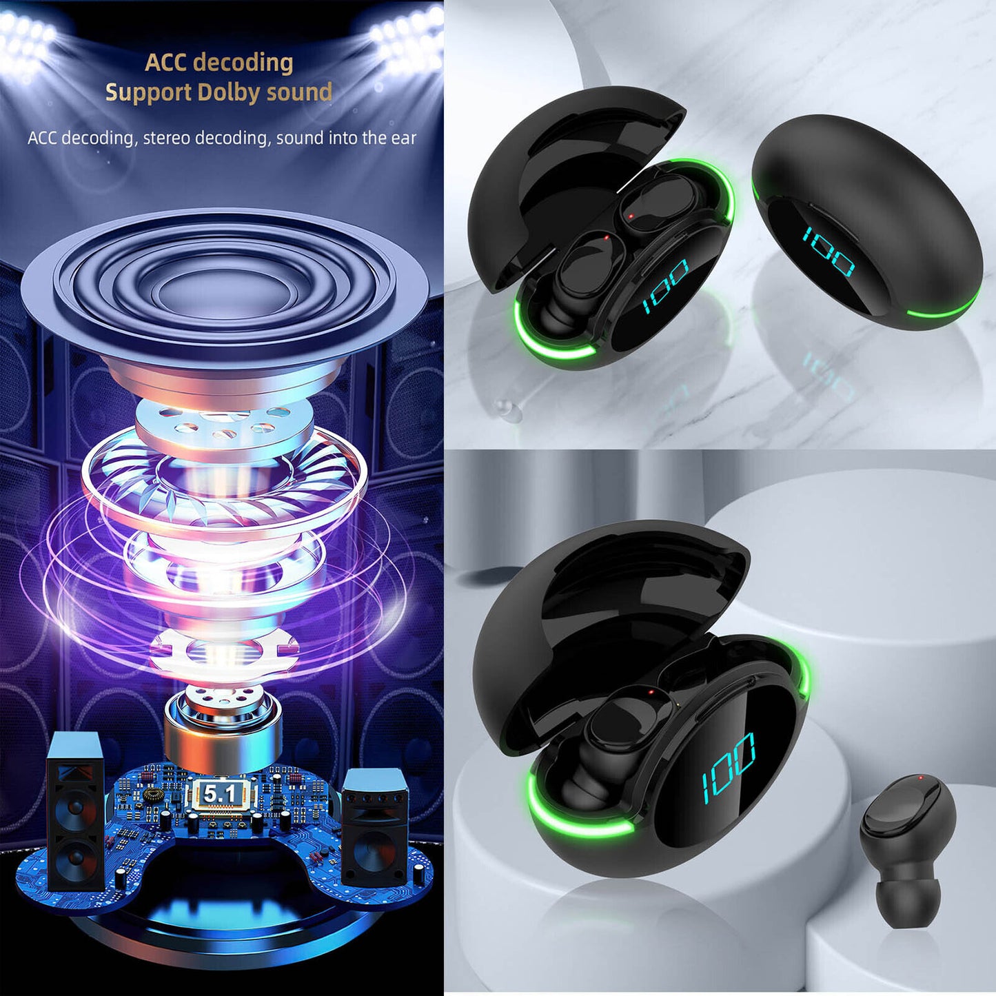 Wireless Headphones Bluetooth Earphones Earbuds Waterproof For iPhone Android