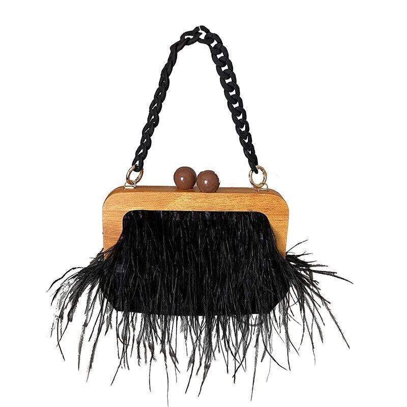 Ostrich Feather Handbag Retro Wooden Evening Purse Acrylic Chain Shoulder Bags
