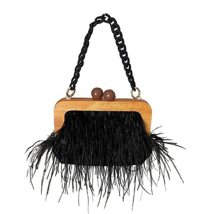 Ostrich Feather Handbag Retro Wooden Evening Purse Acrylic Chain Shoulder Bags