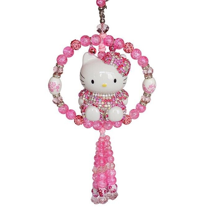 Handmade Cute Rhinestone Crystal Hello Kitty Pendant Purple Beading Car Decor