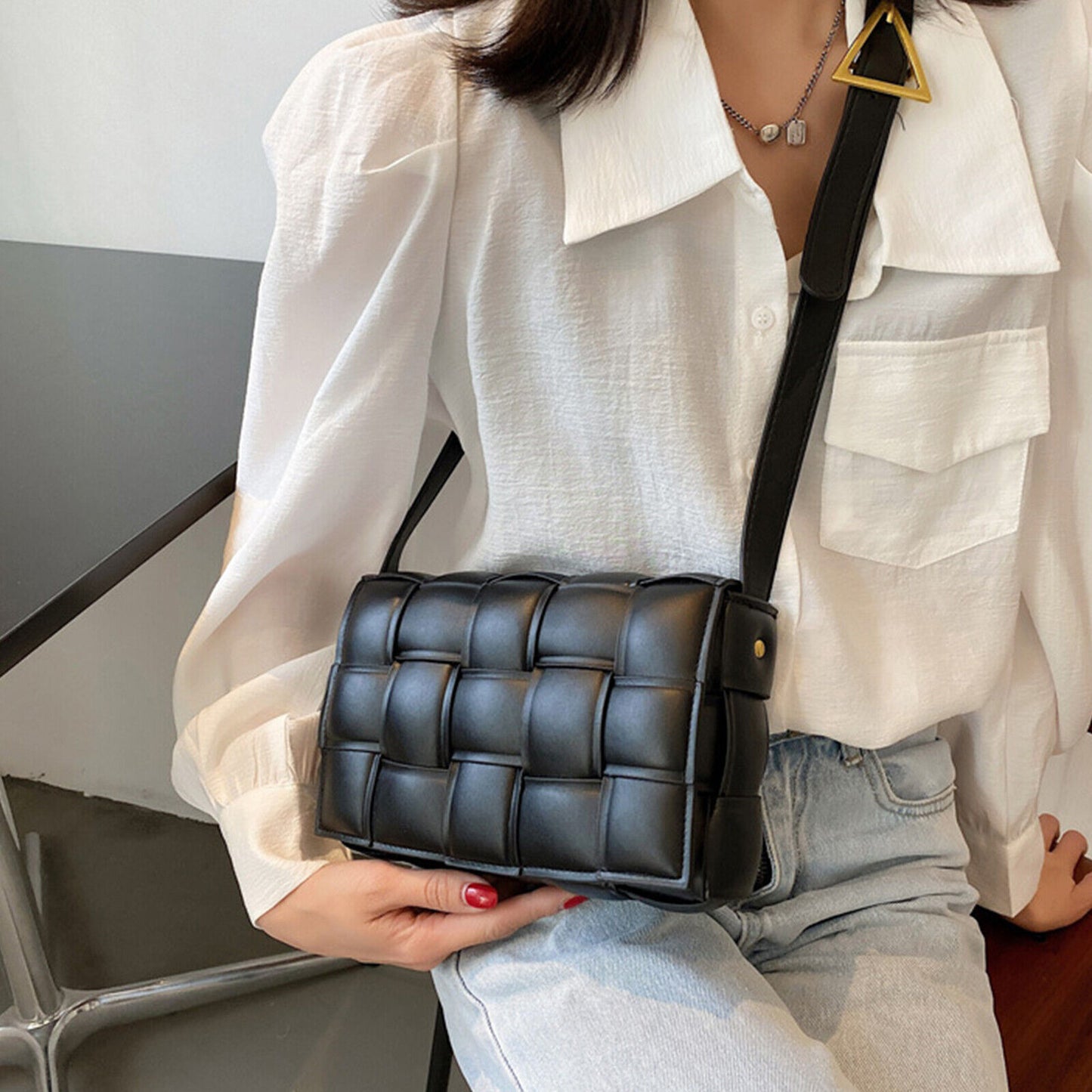Woven Crossbody Bags for Women Padded Cassette Shoulder Bag Green PU Clutch