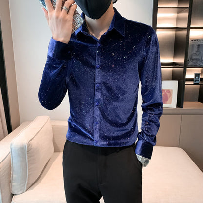 Mens Glitter Velvet Blouse Shirt Top Pleuche Slim Long Sleeve Fashion Costume