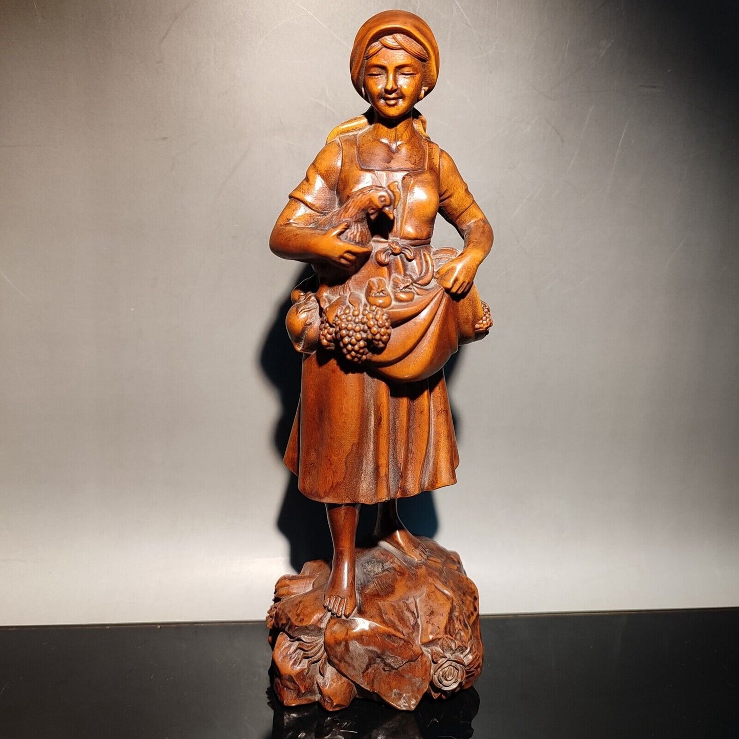 vintage wood carving Boxwood wooden sculpture happy farmer big harvest Figurine