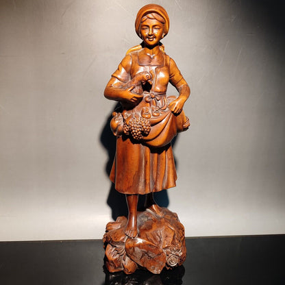 vintage wood carving Boxwood wooden sculpture happy farmer big harvest Figurine
