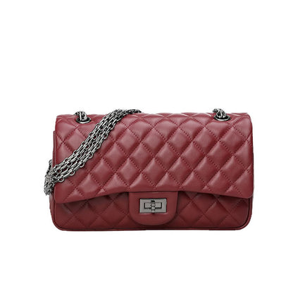 Quilted Sheepskin Leather Double Flap Small Shoulder Bag w/ Chains Handbag Purse
