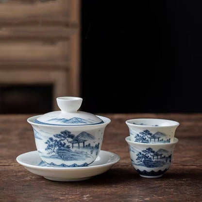 Jingdezhen Ceramic Gaiwan Mutton Jade Porcelain Tureen Matching Tea Cup Pitcher