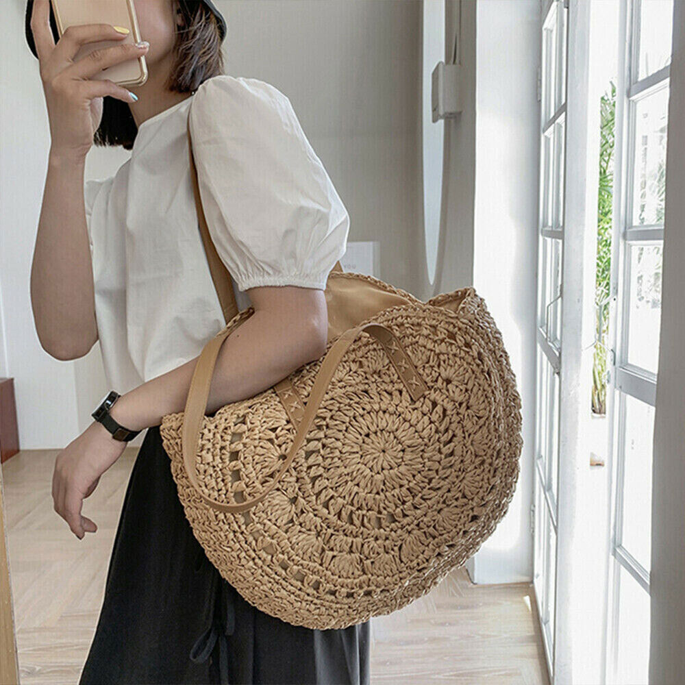 Women Boho Woven Handbag Summer Beach Tote Straw Bag Round Rattan Shoulder Bag