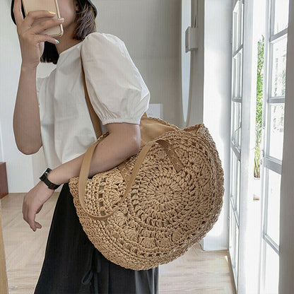 Women Boho Woven Handbag Summer Beach Tote Straw Bag Round Rattan Shoulder Bag