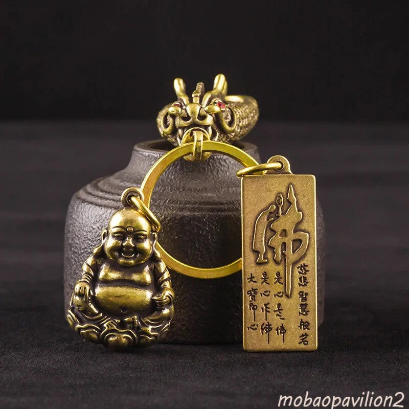 Solid Brass Smiling Maitreya Buddha Figures Tag Keychain Pendant Bodhis