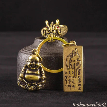 Solid Brass Smiling Maitreya Buddha Figures Tag Keychain Pendant Bodhis