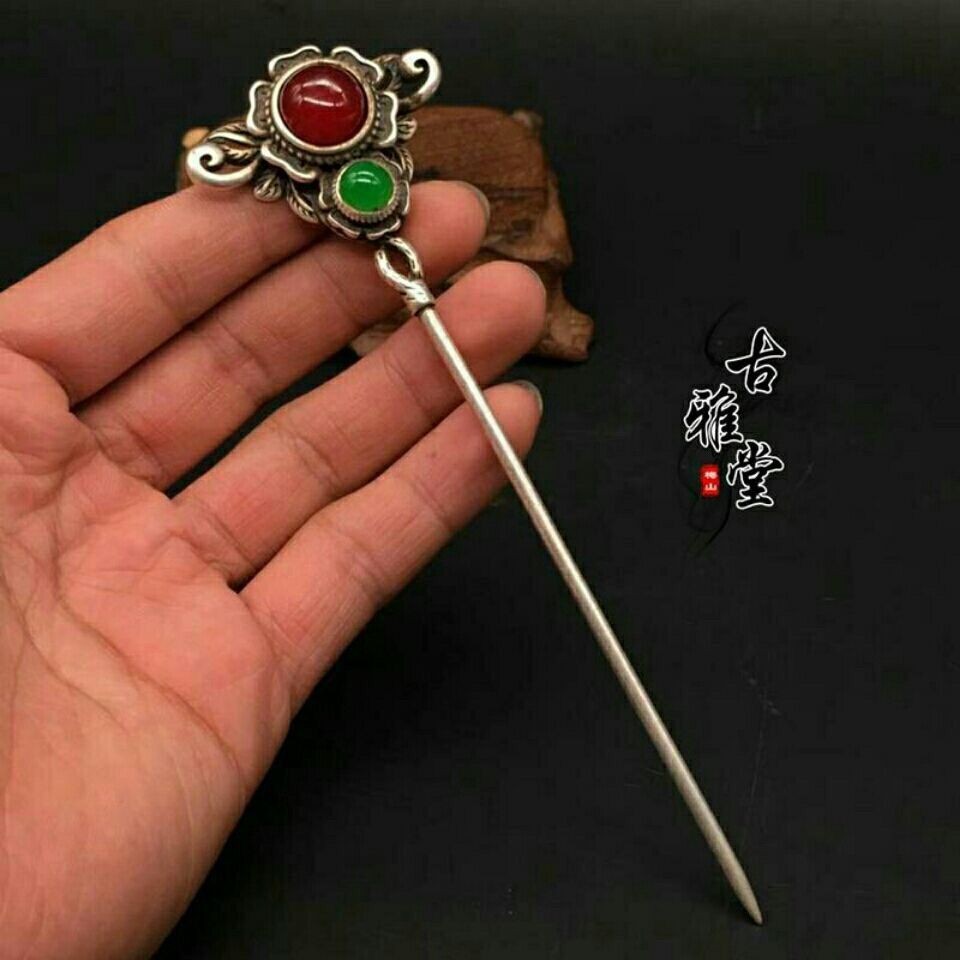 Antique Silver Plated Hairpin Inlaid Red Green Gemstone Vintage Chinese