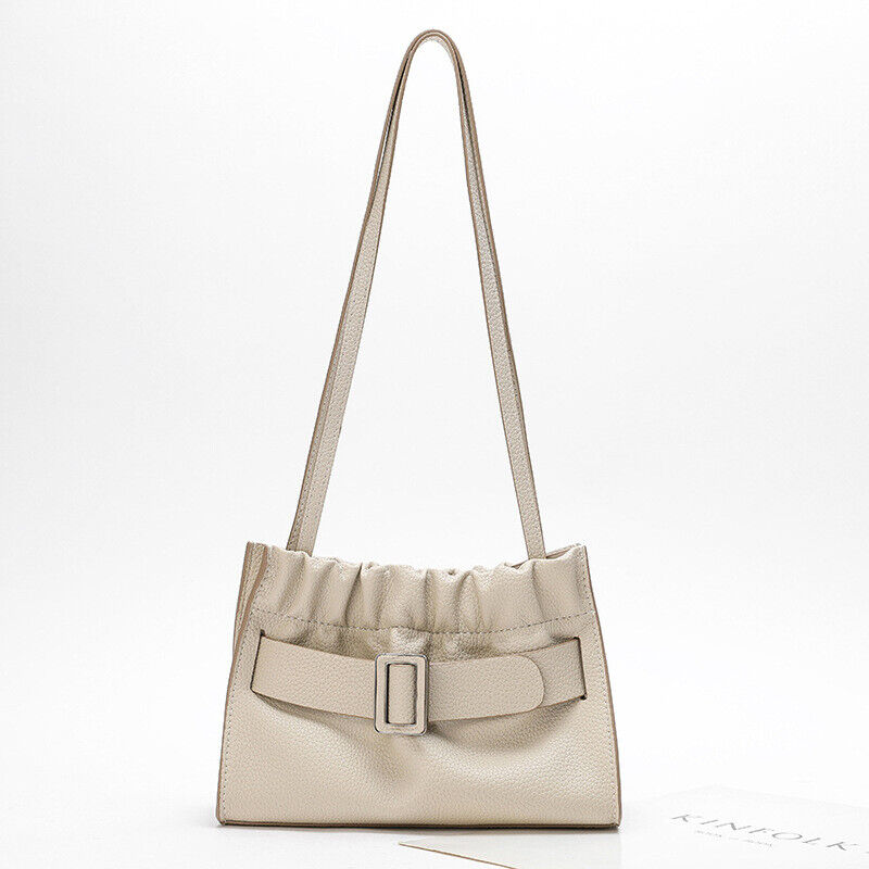 Real Leather Oversize Buckle Scrunchy Ruched Clutch Shoulder bag Crossbody Purse