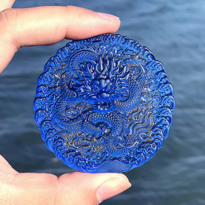 Natural Blue Crystal Hand Carved Chinese Zodiac Dragon Pendant Buddhist Necklace