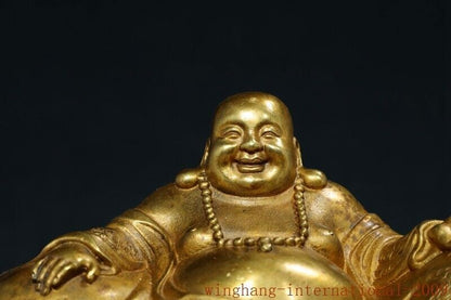 8.8"Old China Xuande Marked Bronze Gilt Happy Laugh Maitreya Buddha Statue