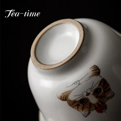 170ml Chinese Ru Kiln Ceramic Gaiwan Cute Cat Pattern Tea Tureen Teacup Tea Bowl