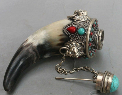Chinese Old Buffalo Horn Bottle Turquoise White Copper Collection