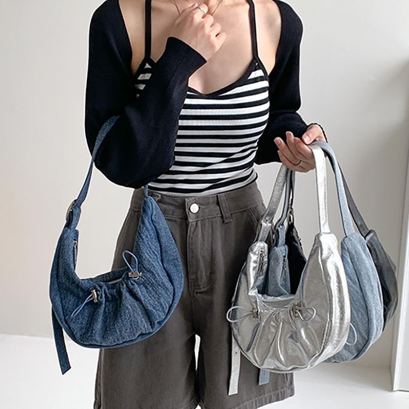 Wrinkled Denim Underarm Shoulder Bags Drawstring 28*14*6 CM Shopping Purse 1 PC