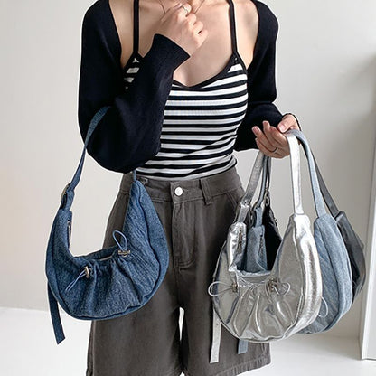 Wrinkled Denim Underarm Shoulder Bags Drawstring 28*14*6 CM Shopping Purse 1 PC