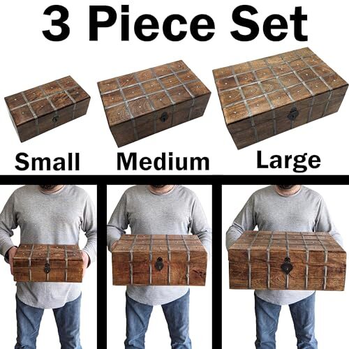 3 Set (S,M & L) Nesting Wooden Pirate Treasure Chests, Hinges & Clasps for locks