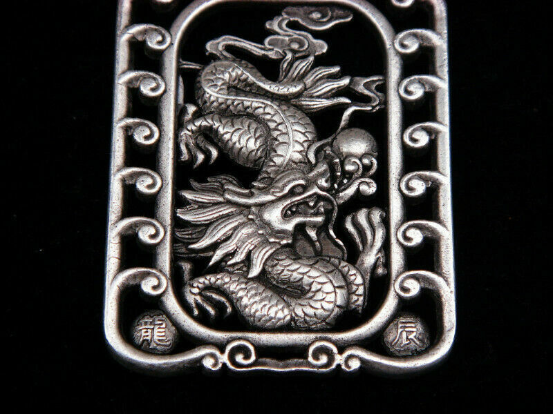 Tibetan Silver Highly Detail Crafted Pendant Zodiac Dragon w/ Bats Blessing FU