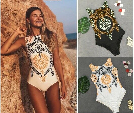 Women High Neck Boho Closed Thong Swimwear One Piece Swimsuit Monokini Bodysuit