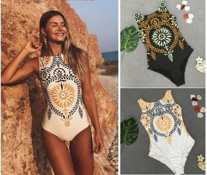Women High Neck Boho Closed Thong Swimwear One Piece Swimsuit Monokini Bodysuit