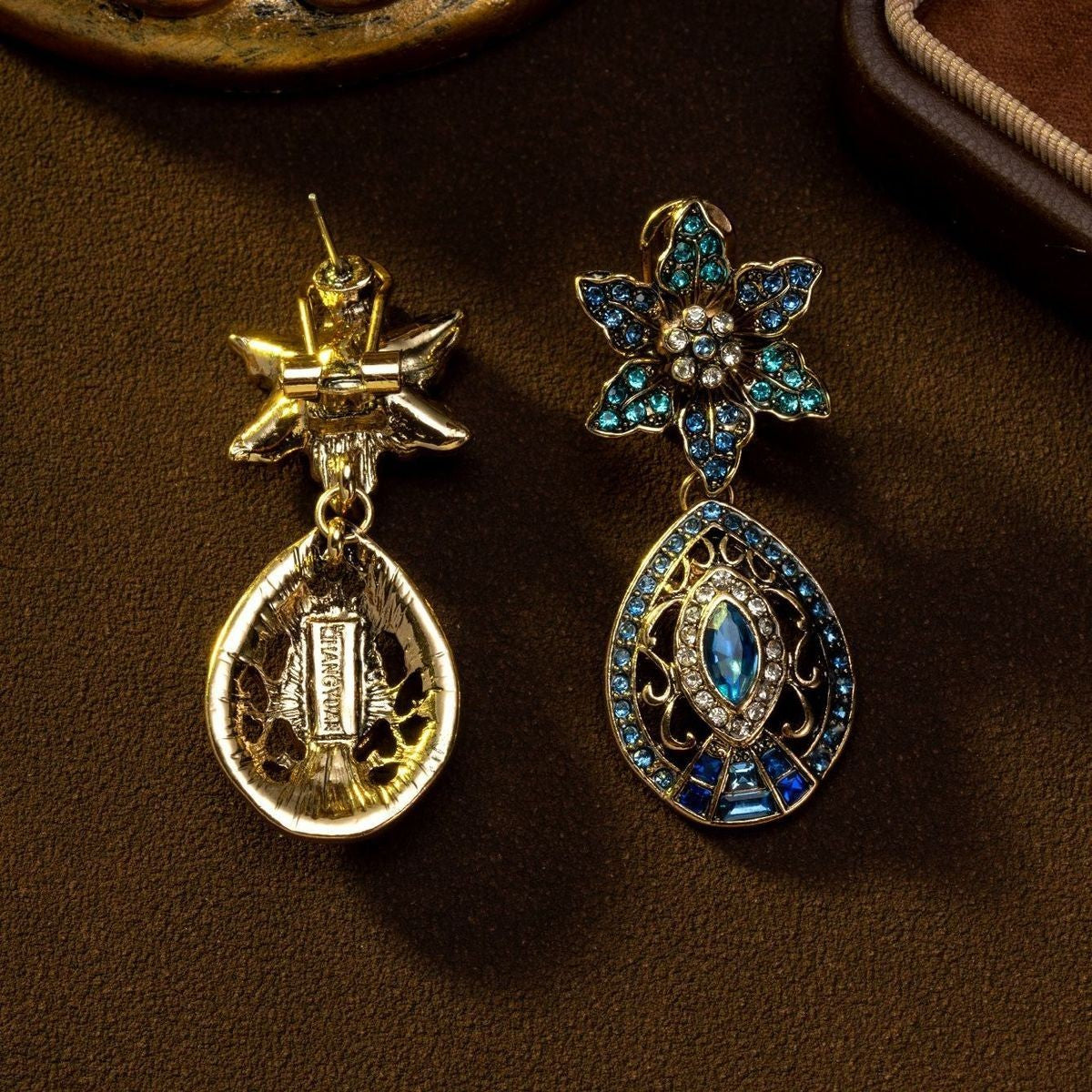 Vintage Blue Crystal Flower Jewelry Set Teardrop Necklace Earrings 2Pcs