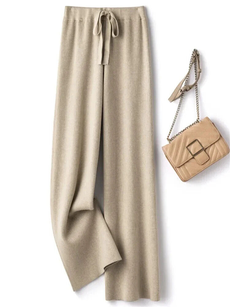 Women Pants Autumn Winter Wide Leg Pants Casual Drawstring Straight Wool Pants