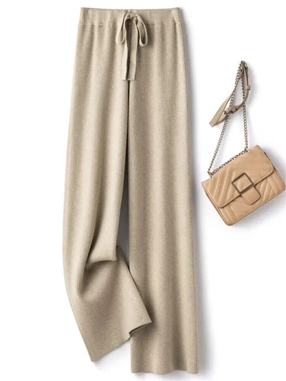 Women Pants Autumn Winter Wide Leg Pants Casual Drawstring Straight Wool Pants