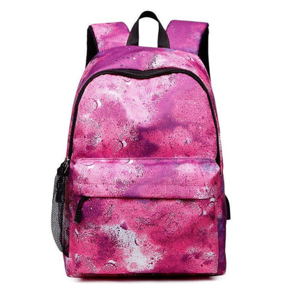 Colorful Space Print Backpack Rechargeable School Bag Traveling Polyester Canvas