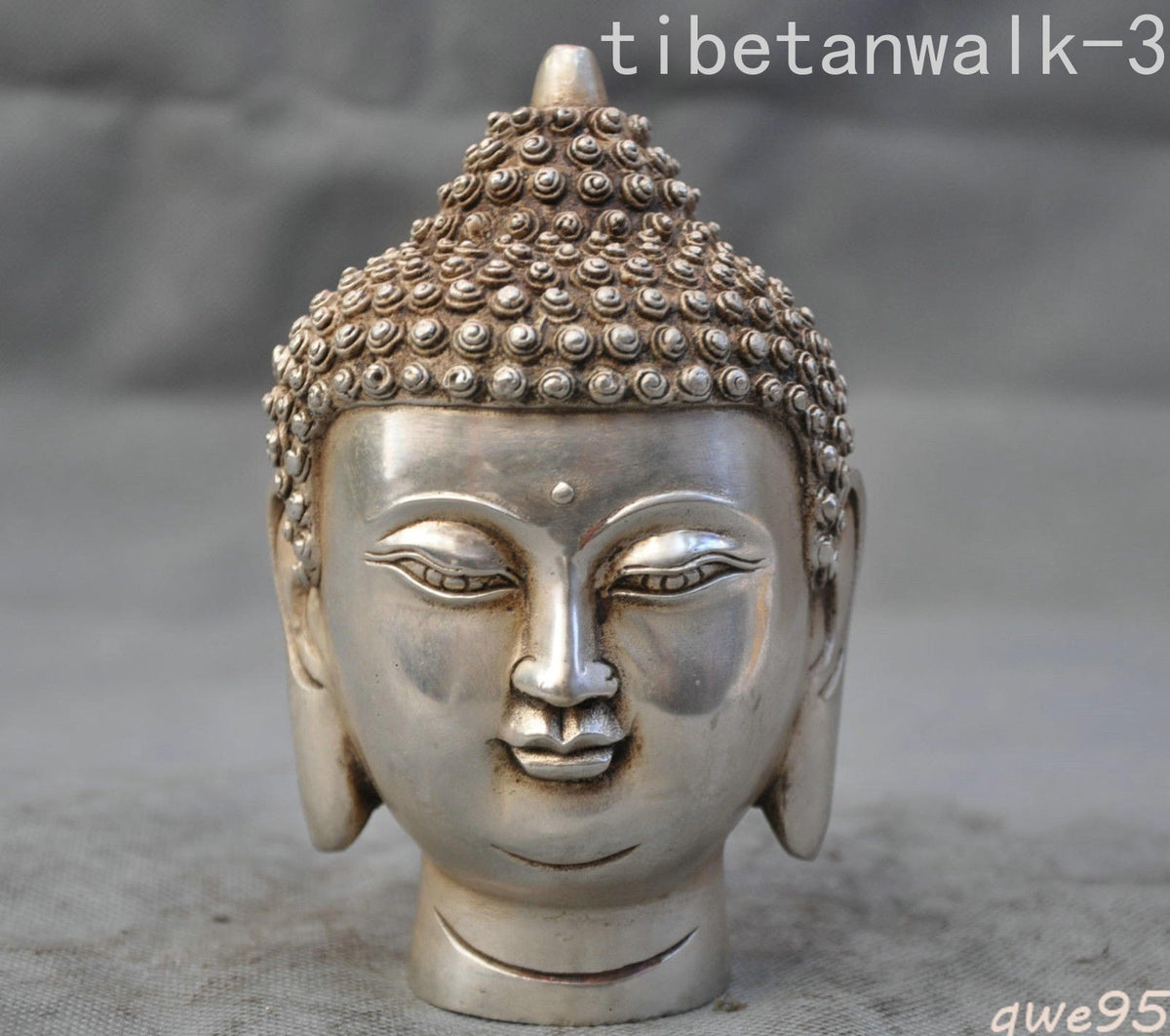 Tibetan Silver Bronze Shakyamuni Buddha Head Statue Buddhist Sculpture Decor