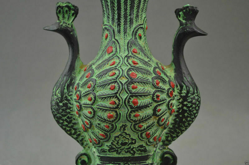 Exquisite Old Collectibles Bronze Carve Pair Auspicious Peacock Rare Noble Vase